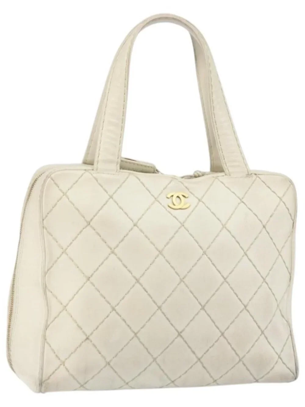 CHANEL Wild Stitch Hand Bag Leather White Gold CC Auth BA6858